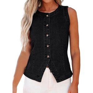 Women's Black Sleeveless Strechy Jean Vest Top Button Down Denim Vest Crewneck